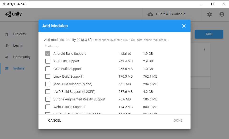 unity hub sdk installation